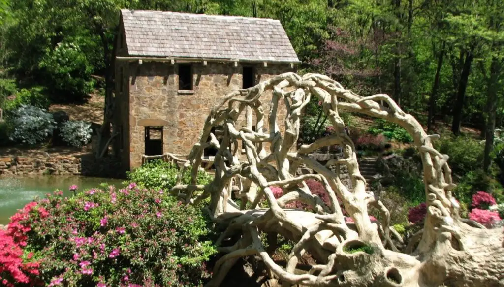View of a small stone building with a gnarled bridge made of trees in front of it that is surrounded by pink flowers. 