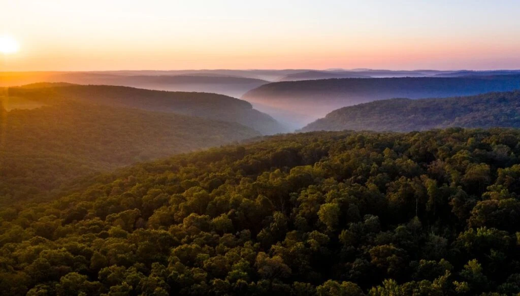 View of the sun rising over the Ozarks. You can see the mist above the forest covered mountains and see a pink sky in the background. 