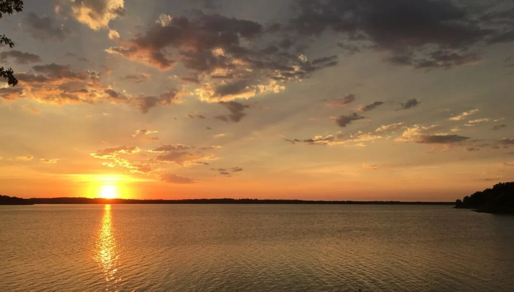 View of a sunsetting over the lake in Pomona, Kansas. 