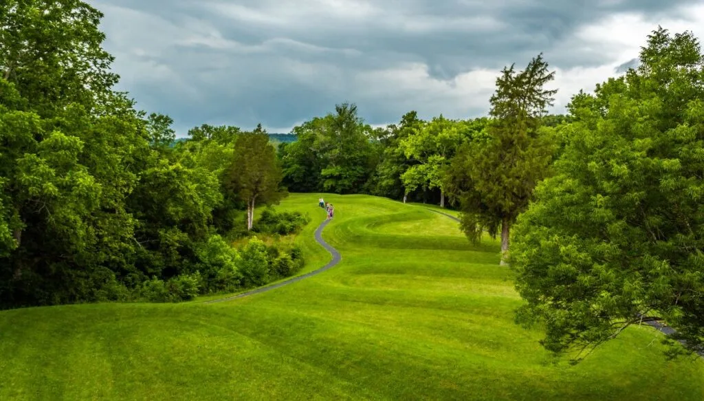 Aerial view of mounds in the grass that look like a snake and that are surrounded by green trees on a cloudy day at Serpent Mound, Ohio. 