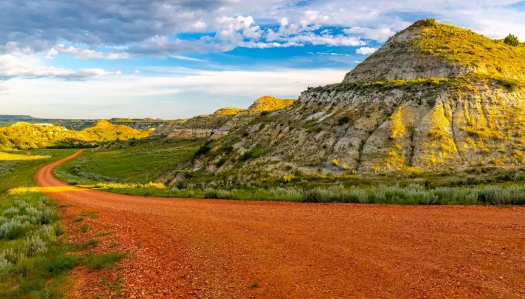 You can see the dirt covered Canyon trail path going past grassy areas in Theodore Roosevelt National Park. To the left you can see gray rock formations covered in green moss.
