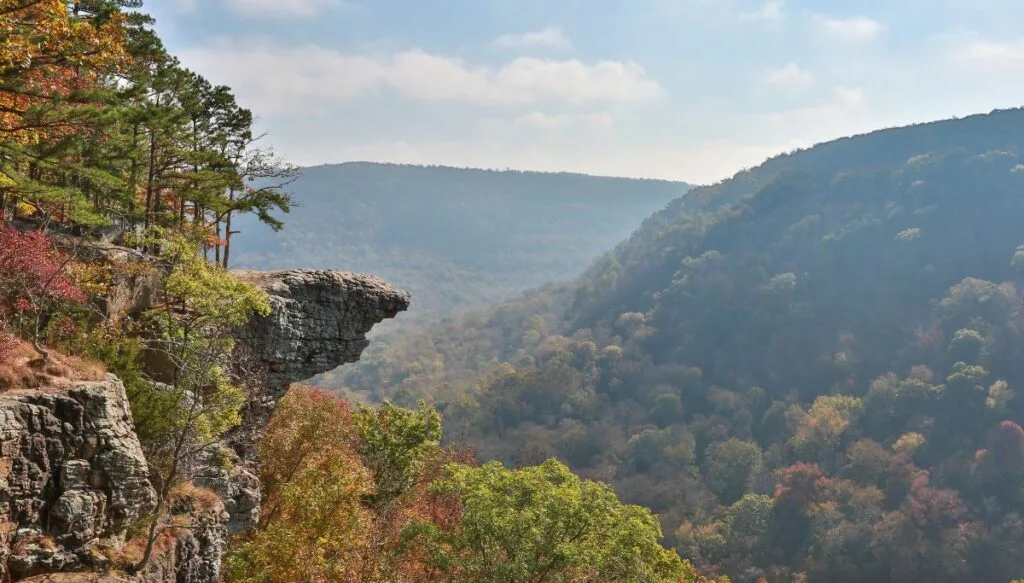 View of beautiful fall foliage filling up the mountains at Whitaker Point. You can see trees atop a rock formation jutting out on the left. 