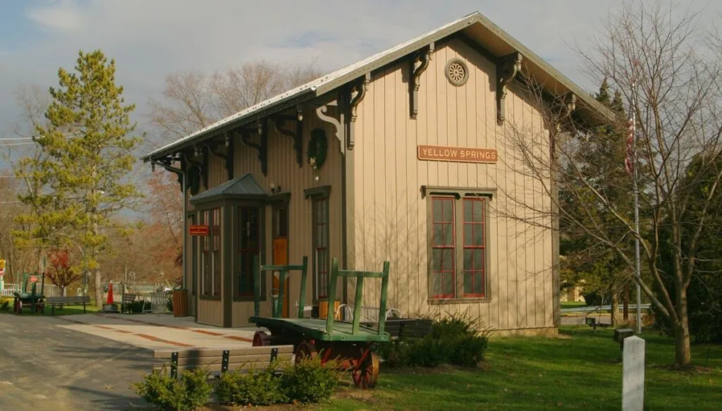 View of a vintage beige railway station in yellow Springs, Ohio. 