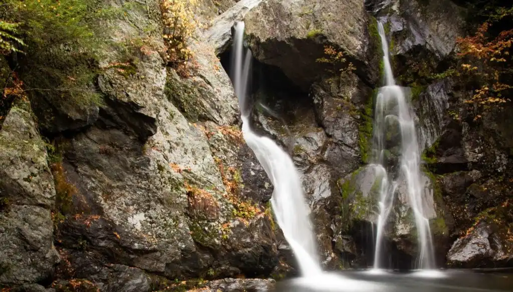 An up close view of Bash Bish Falls tumbling down a series of rocks in the Berkshires. 