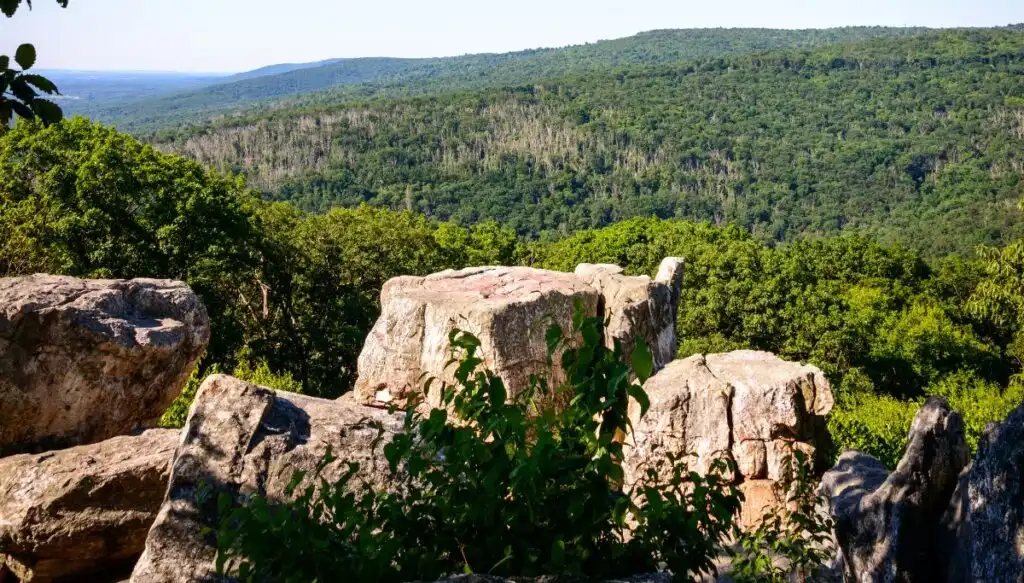 View of rocks surrounded by green bushes with large forests of trees going into the distance at Catoctin Mountain State Park. 