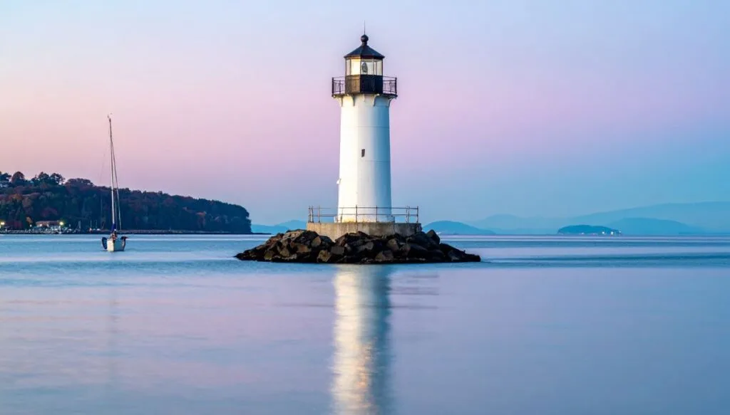 View of a tall white lighthouse on an island in Lake Champlain with the sun setting and the sky is pink. 