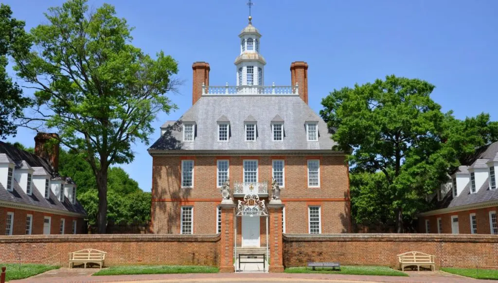 View of the brick exterior of the Governor's Palace in Colonial Williamsburg. 
