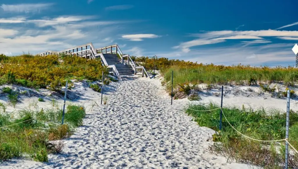 View of pure white sand with a rope frming a path surrounded by green sea grass that leads to a set of white stairs that go to the beach. 