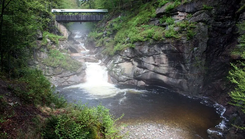 View of a river running through Flume Gorge in Franconia Notch State Park. You can see a waterfall and a covered bridge above a river surrounded by rocks with plants growing on the rocks. 