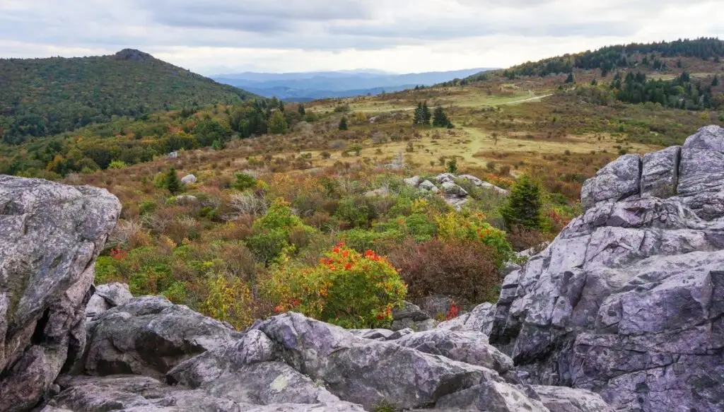 View of gray rocks in the foreground and sweeping meadows in the background with mountains. 