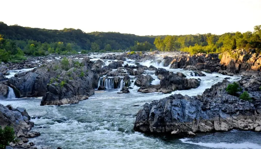 View of Great Falls State Park. You can see a ranging river in the middle with large rocks flowing over rocks to create waterfalls. 