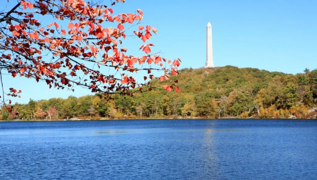 View of a white column on top of a hill with a lake in front and a tree with orange leaves in the foreground on the left. 