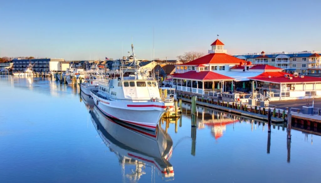 View of a large white boat sitting in teh water with boats behind it and a large red roofed building sitting next door by the pier. 