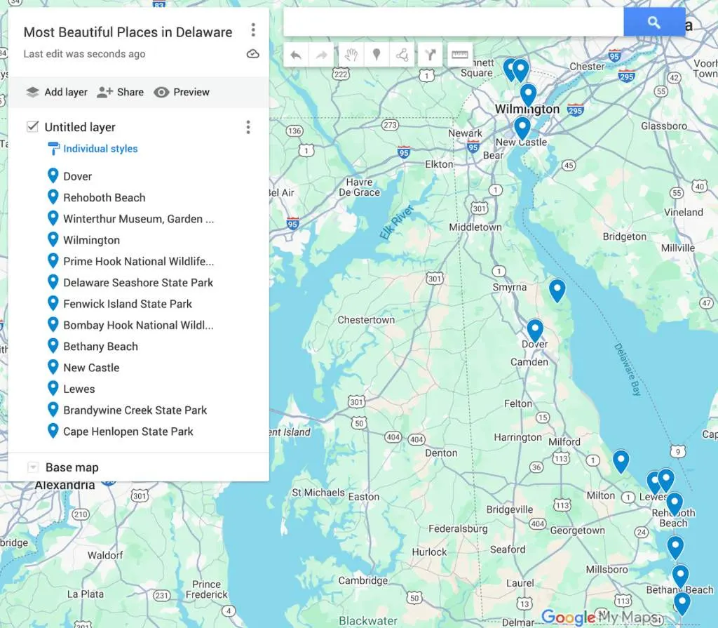 Map of Delaware with 13 blue dots to represent the most beautiful places in Delaware. 