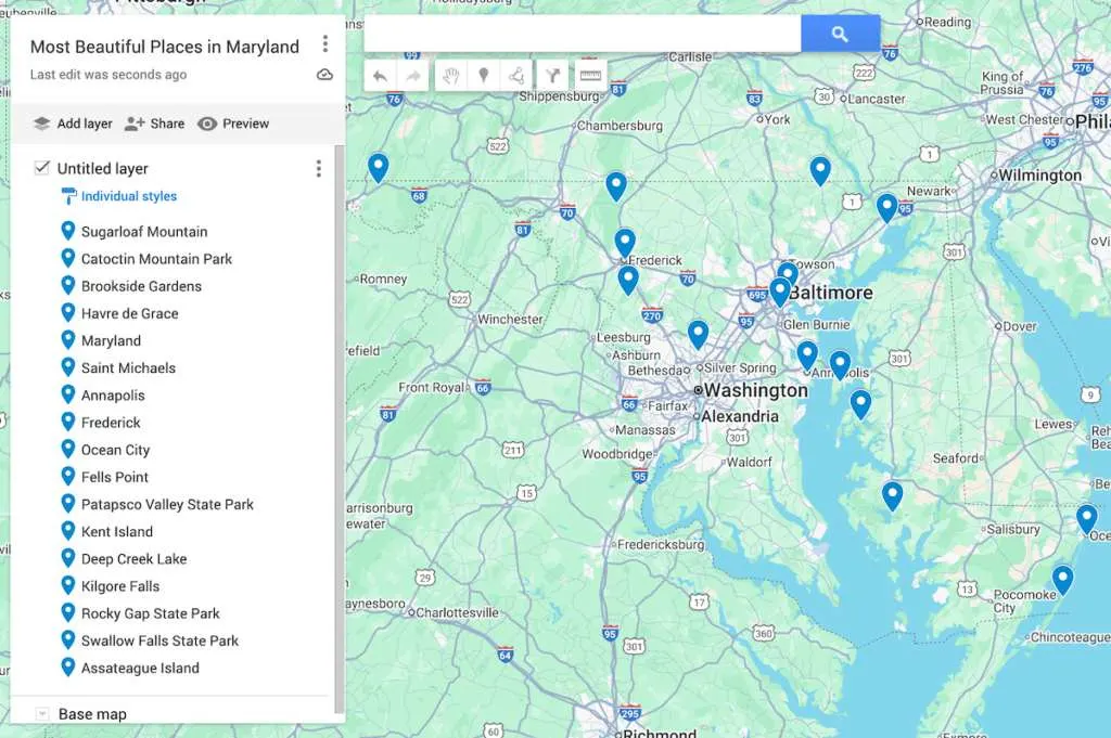 Map of the state of Maryland with 17 blue dots to represent the most beautiful places in Maryland, 