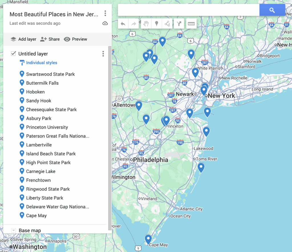 Map of New Jersey with 17 blue dots to represent the most beautiful places in New Jersey.