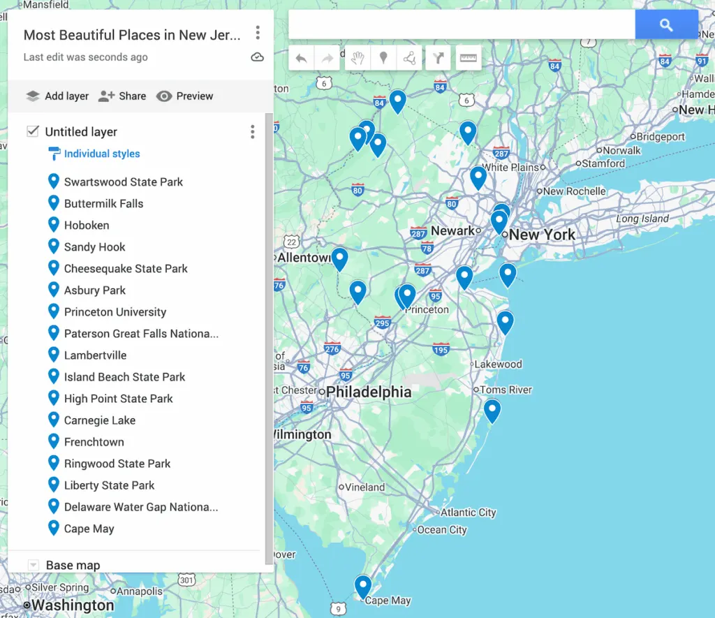 Map of New Jersey with 17 blue dots to represent the most beautiful places in New Jersey. 