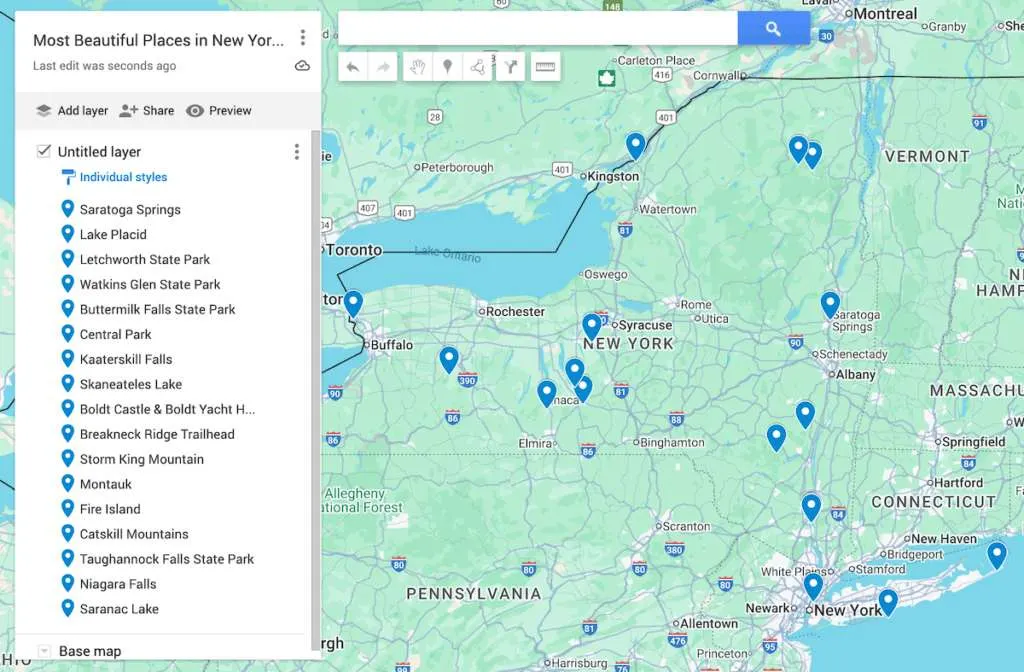 Map of New York with 17 blue dots to represent the most beautiful places in New York state. 