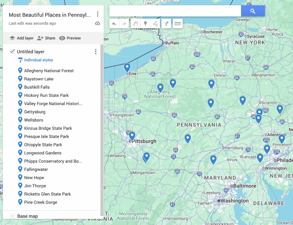 View of a mao of Pennsylvania with 17 blue dots to represent the most beautiful places in Pennsykvania.