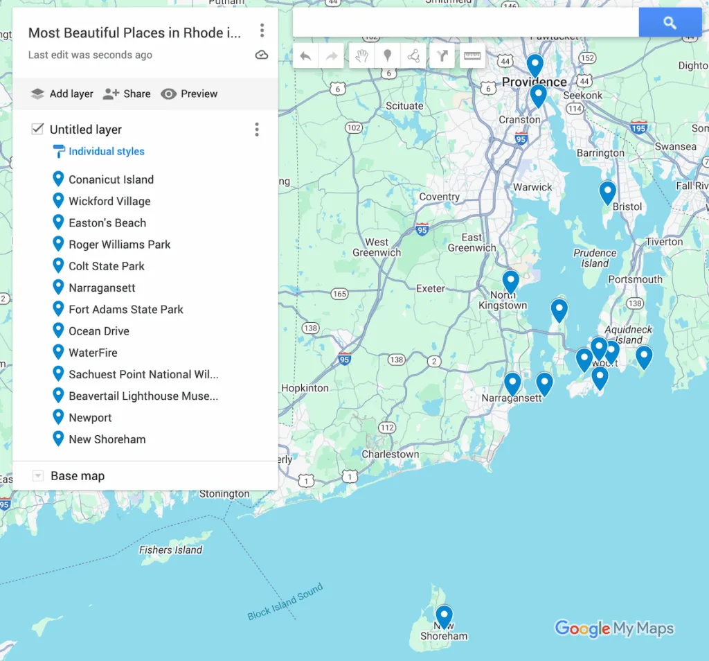 Map of Rhode Island with 13 blue dots to represent the most beautiful places in Rhode Island. 