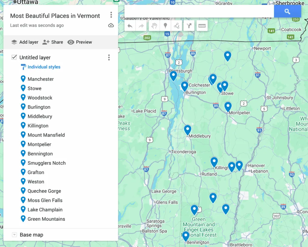 Map of Vermont with 17 blue dots to represent the most beautiful places in Vermont right now. 
