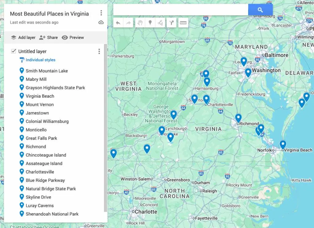 Map of Virginia with 17 blue dots to represent the most beautiful places in Virginia. 