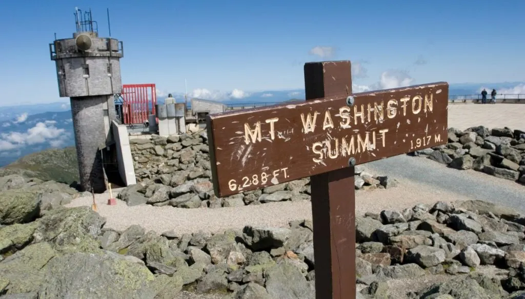 View of the wooden sign for Mount Washington at the summit. You can see a weather station in back and people on the summit on a sunny day. 