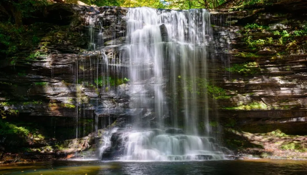 View of a waterfall going down a rock face with greenery growing on it inside Ricketts Glen State Park. You can see a pool at the bottom of the waterfall as well. 