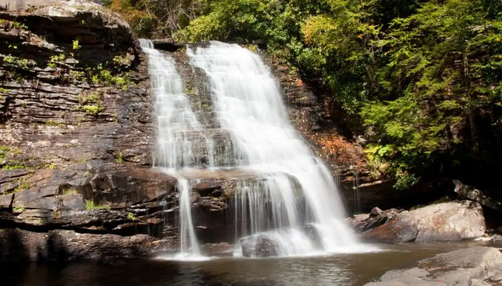View of the Swallow Falls waterfall tumbling down a series of rocks into a small pool below. You can also see green plants on the right. 