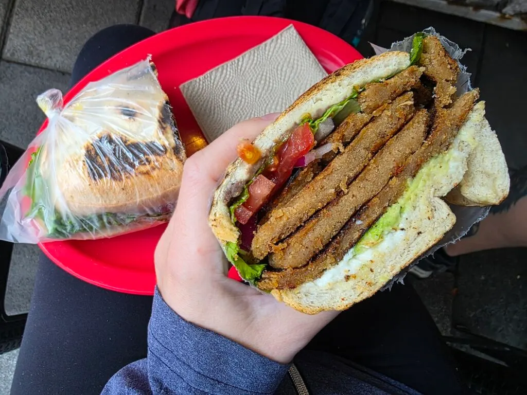 Aerial view of me holding a sandwich with tomato, onion, avocado, and a fake meat patty. 