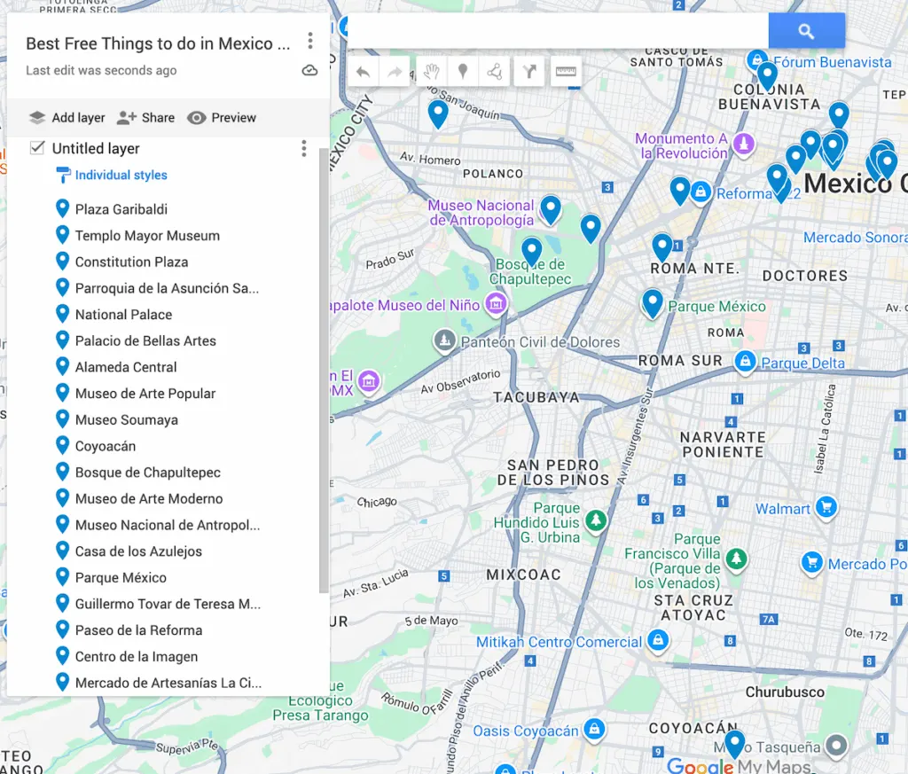 View of a map of Mexico City with 21 blue dots to represent the best free things to do in Mexico City. 