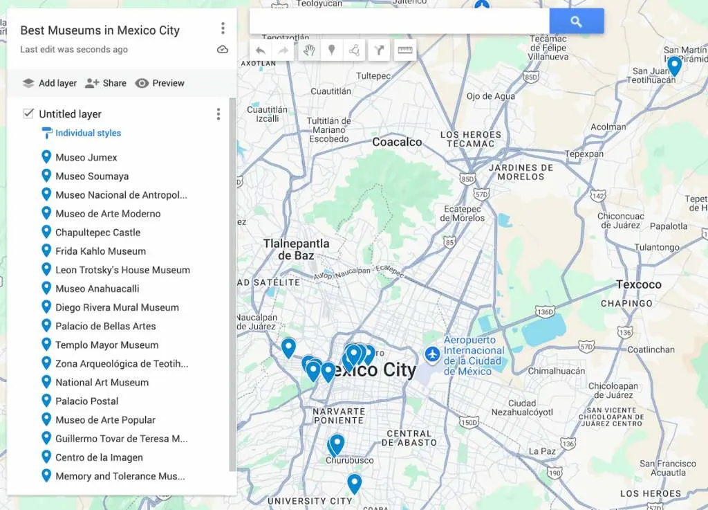 Map of Mexico City with 19 blue dots to represent the best museums in Mexico City right now.