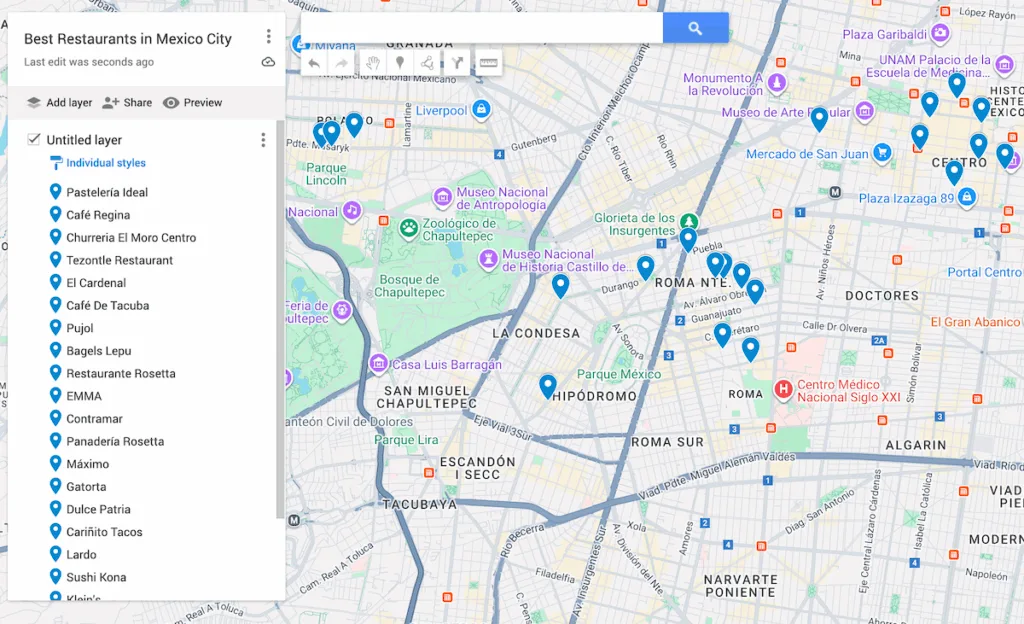 Map of Mexico City with 21 blue dots to represent the best restaurants in Mexico City right now. 