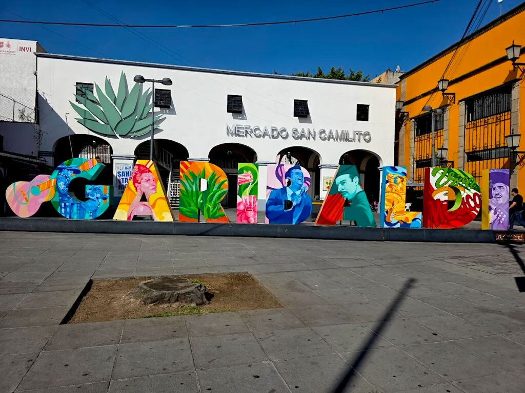 View of a colorful sign in Plaza Garibaldi that says, "Garibaldi."