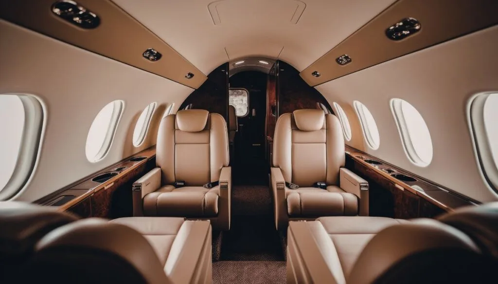 View of the leather seats and beige interior of a private jet. 