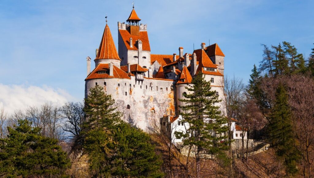 View of Bran Castle on a hill surrounded by pine trees. You can see the stone walls and the red roof of this famous caste in Romania on a sunny day.