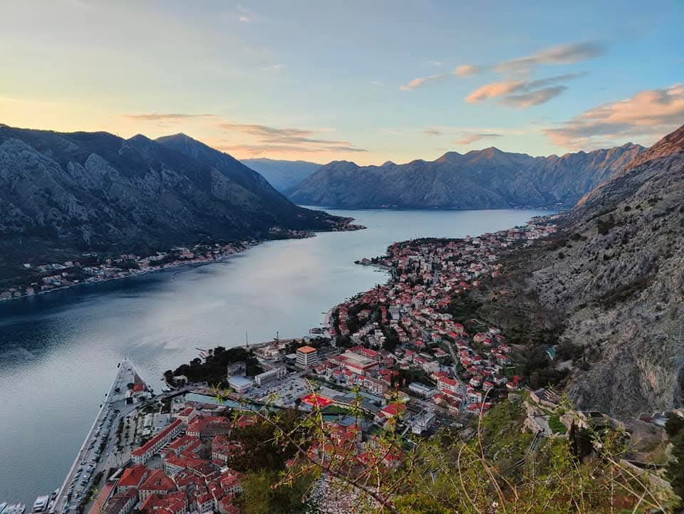View of the town of Kotor from the top of the fortress looking over the town in Montengro. 