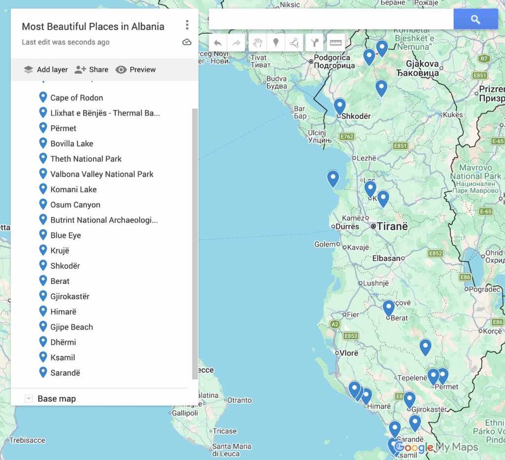 Map of Albania with 19 blue dots to represent all of the most beautiful places in Albania.