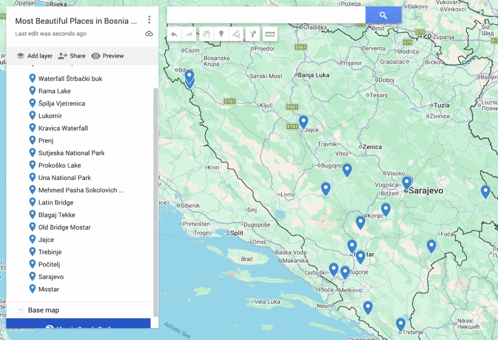 View of a map of Bosnia and Herzegovina with 19 blue dots to represent the most beautiful places in Bosnia and Herzegovina.