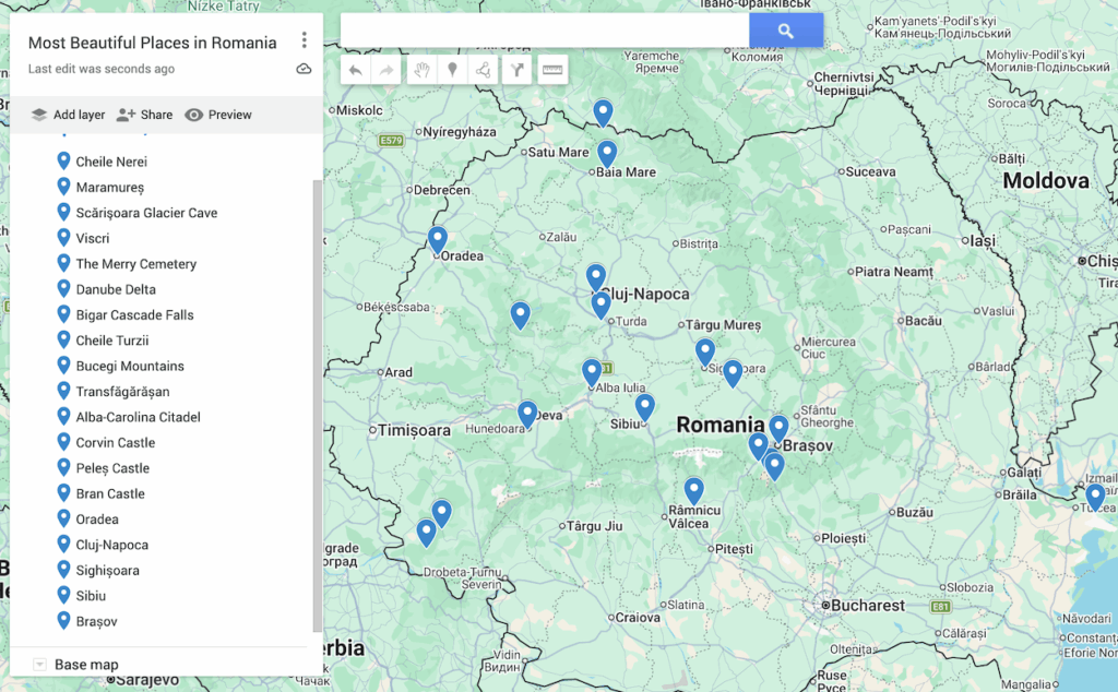 Map of Romania with blue dots to represent the most beautiful places in Romania right now.