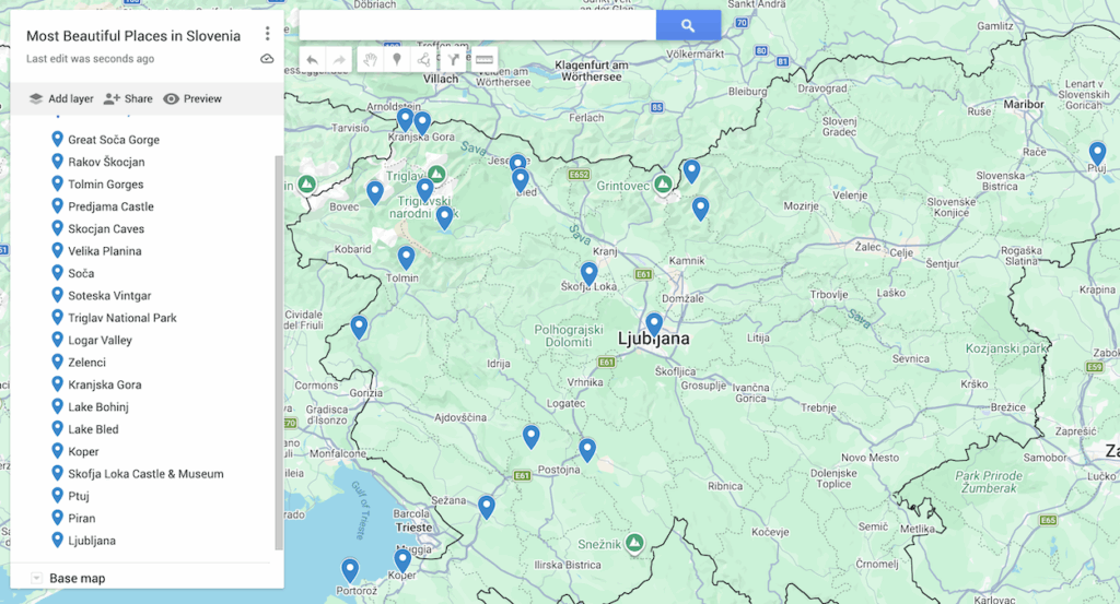 Map of Slovenia with 20 blue dots to represent the most beautiful places in Slovenia.