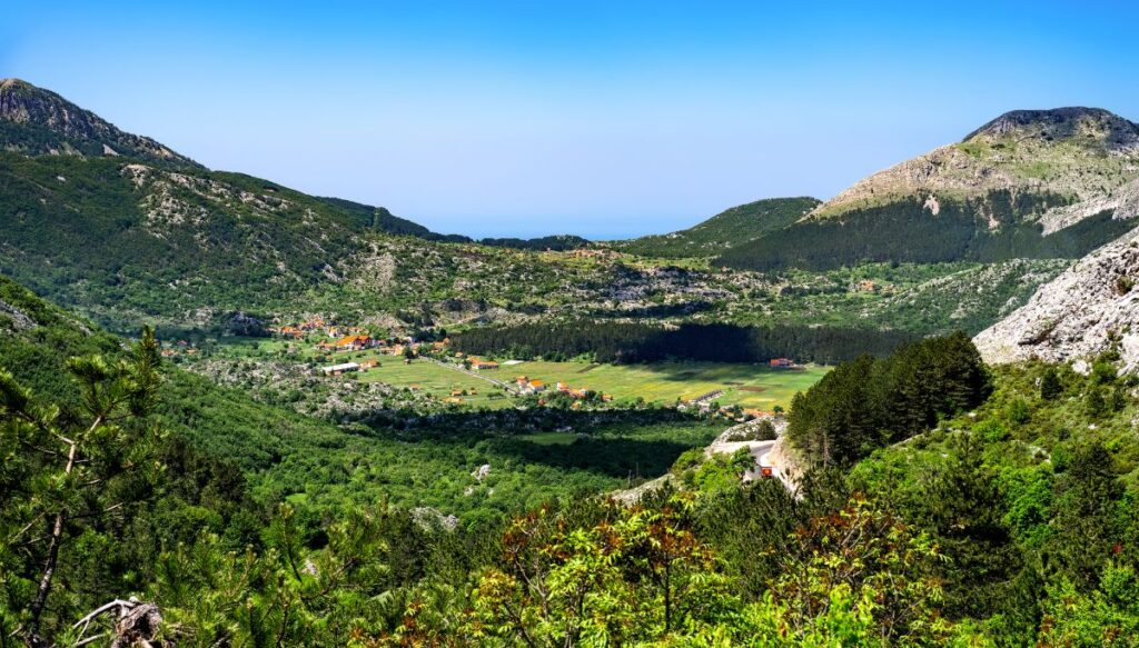  View of the Njegu&scaron;i Valley from the Serpentine Road. You can see green mountains and homes with red roofs in the valley on a sunny day. 