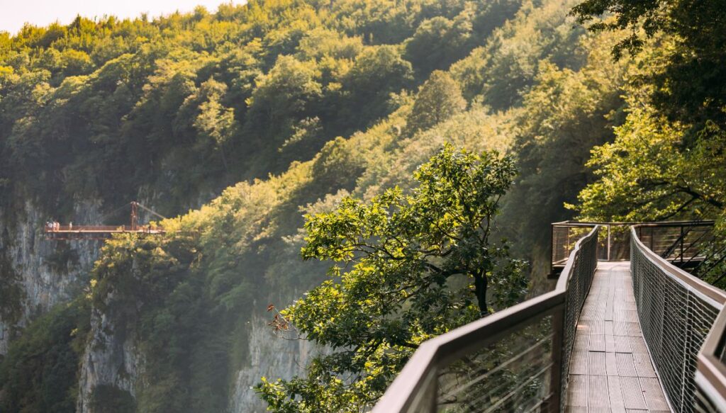View of the walkways sitting along the edge of Okatse Canyon with people at viewing platforms and trees on the mountains in Georgia. 