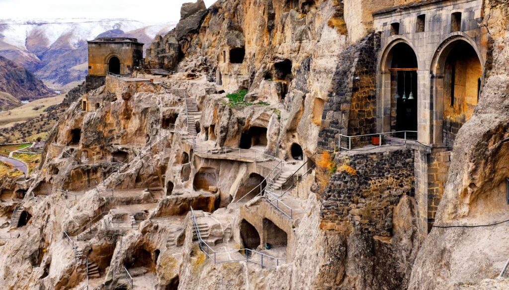 View of the caves that sit inside the mountain at Vardzia in Georgia. 