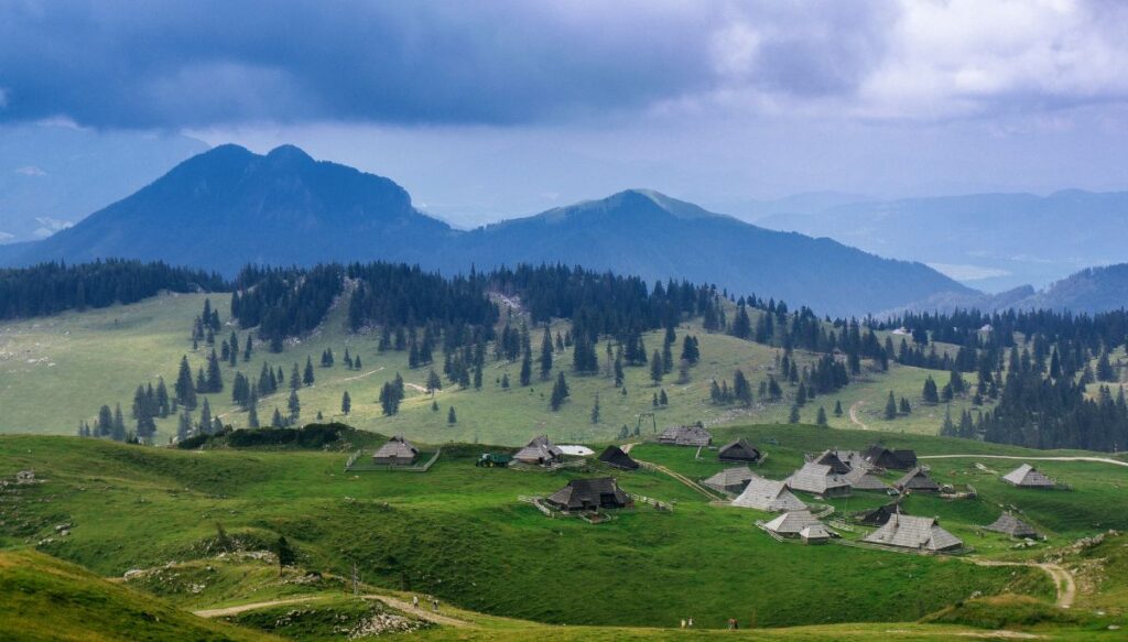 View of a valley with many short homes where you can only see gray roofs and mountains covered in pine trees in the background on a cloudy day.