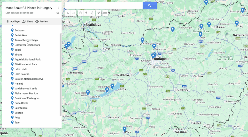 Map of Hungary with 20 blue dots to represent the most beautiful places in Hungary.