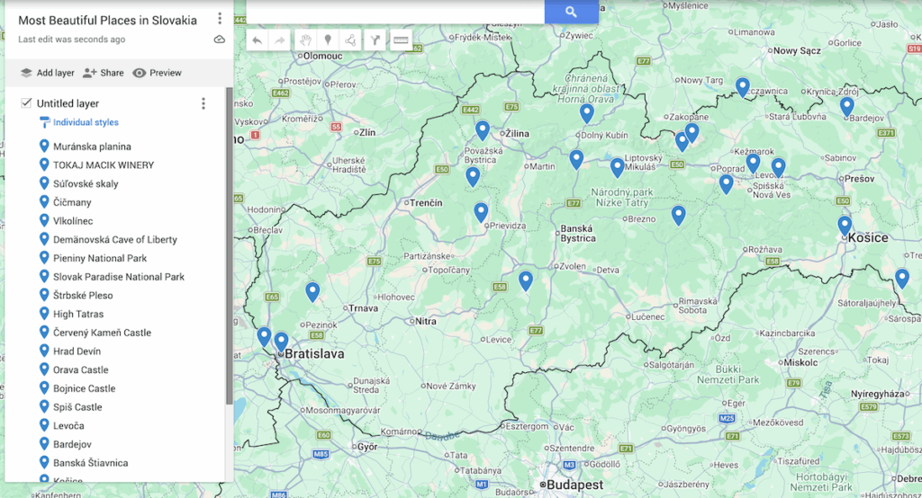 View of a map of Slovakia with 20 blue dots to represent the most beautiful places in Slovakia.