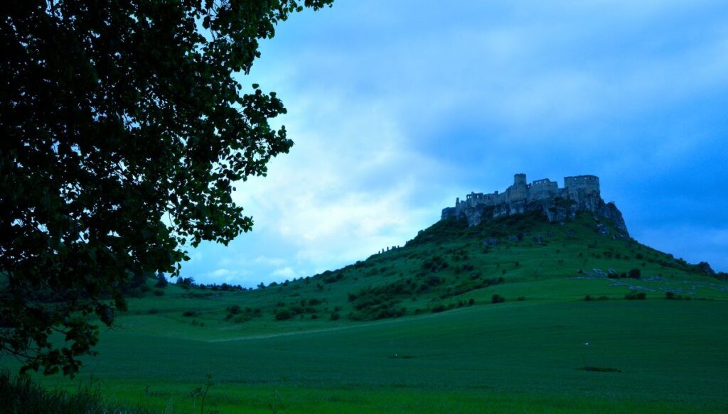 View of Spiš Castle sitting on a hill on a dark day with a leafy tree on the left.