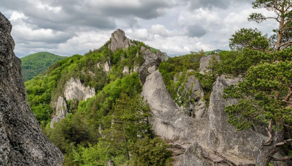 View of an outcropping of rocks on a cloudy day that are surrounded by pine trees at the Súľov Rocks in Slovakia.