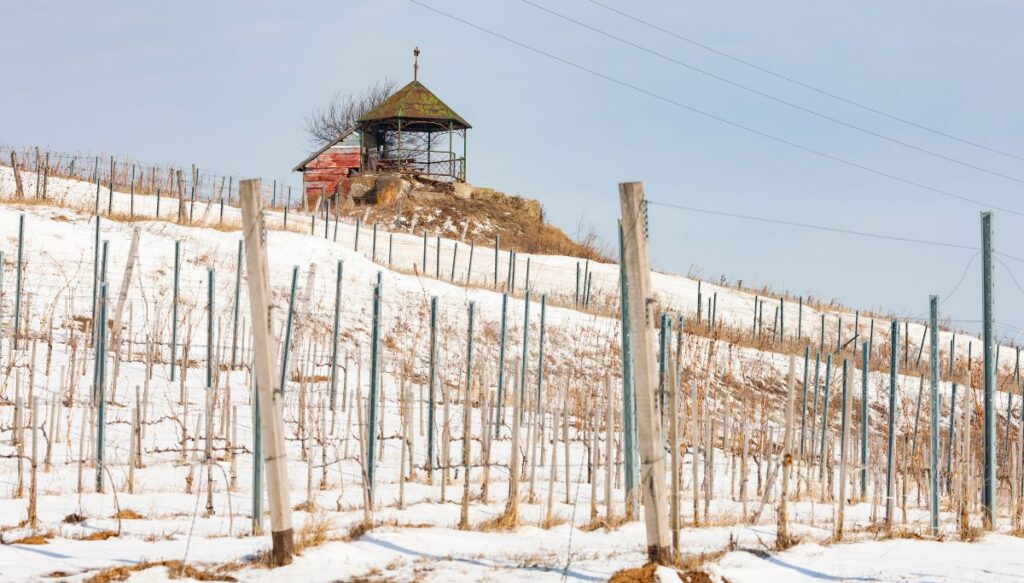 View of an outdoor patio overlooking vineyards with snow on the ground in winter in the Tokaj Wine Region in Slovakia.